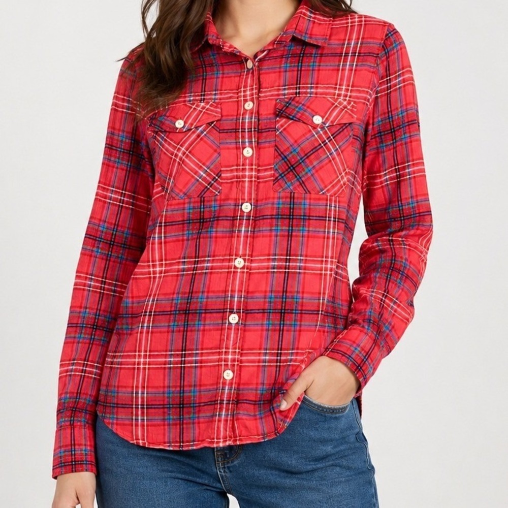 J.Crew Womens Pink Blue Plaid Cotton Stretch Button Down Shirt Size 6 High-Low